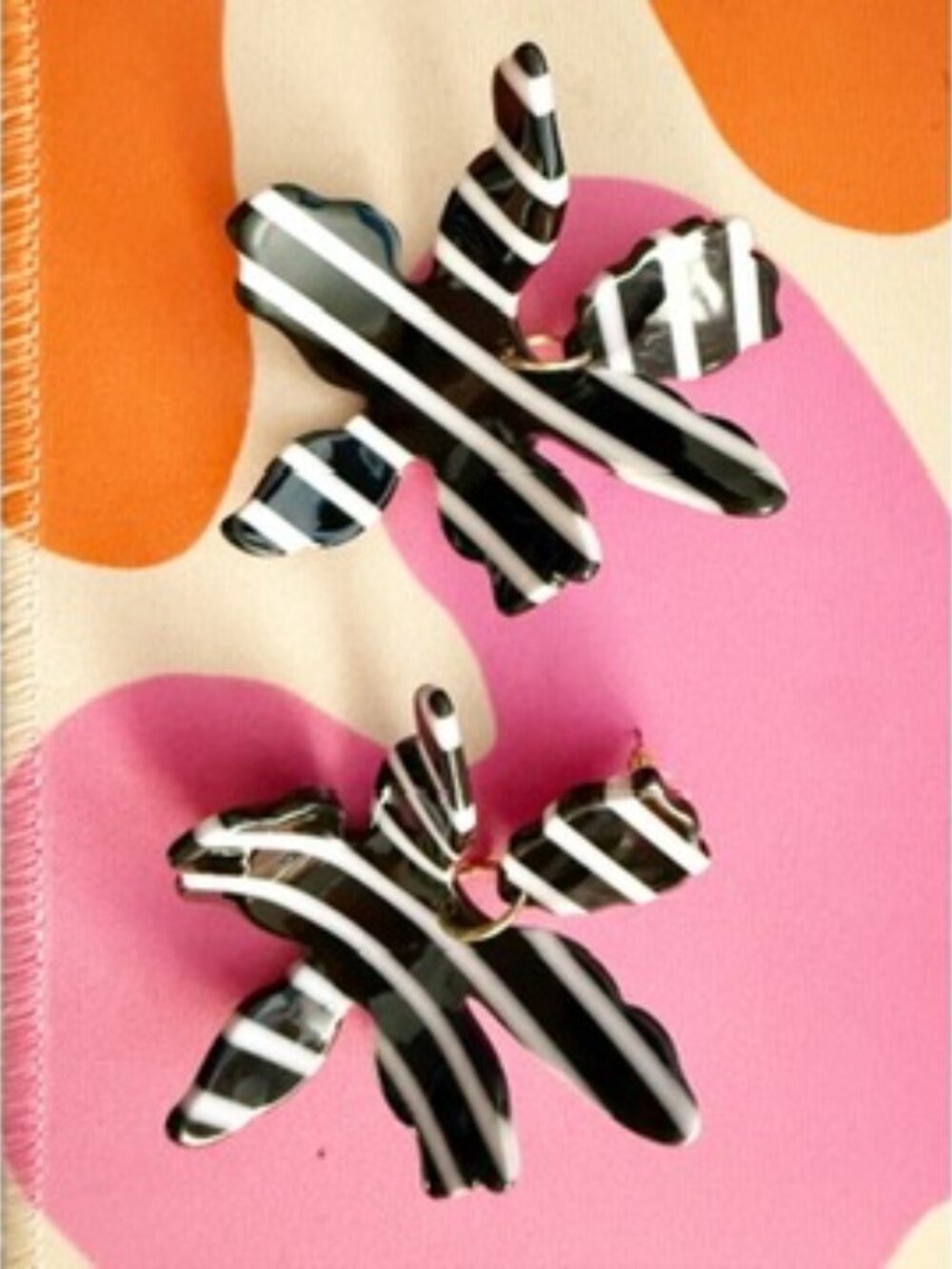 Small Paper Lily Flower Black & White Stripe Drop Earrings